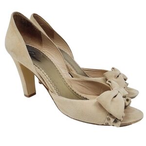 Delman |  Women's Tan Suede Open Toe Heels With Box (Size 8.5M)